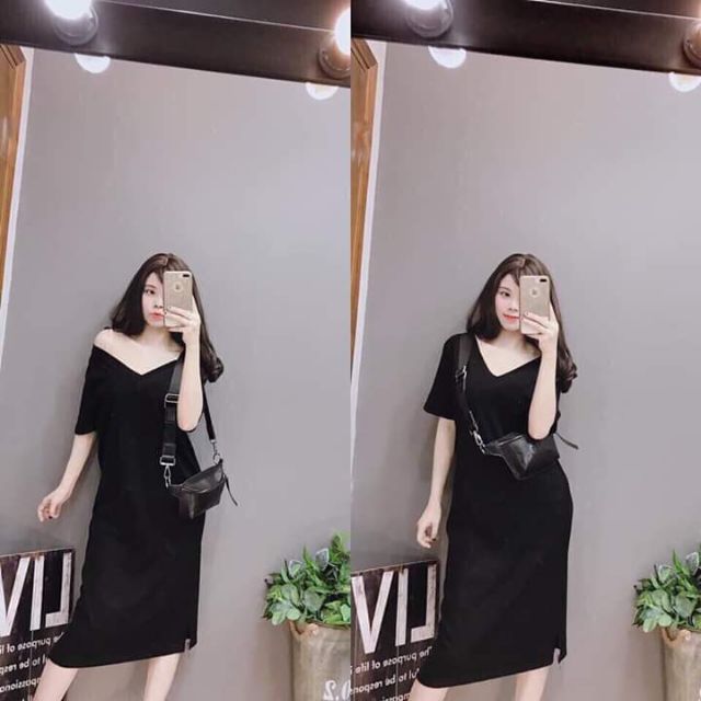 Đầm suông váy suông oversize cổ tim đan dây