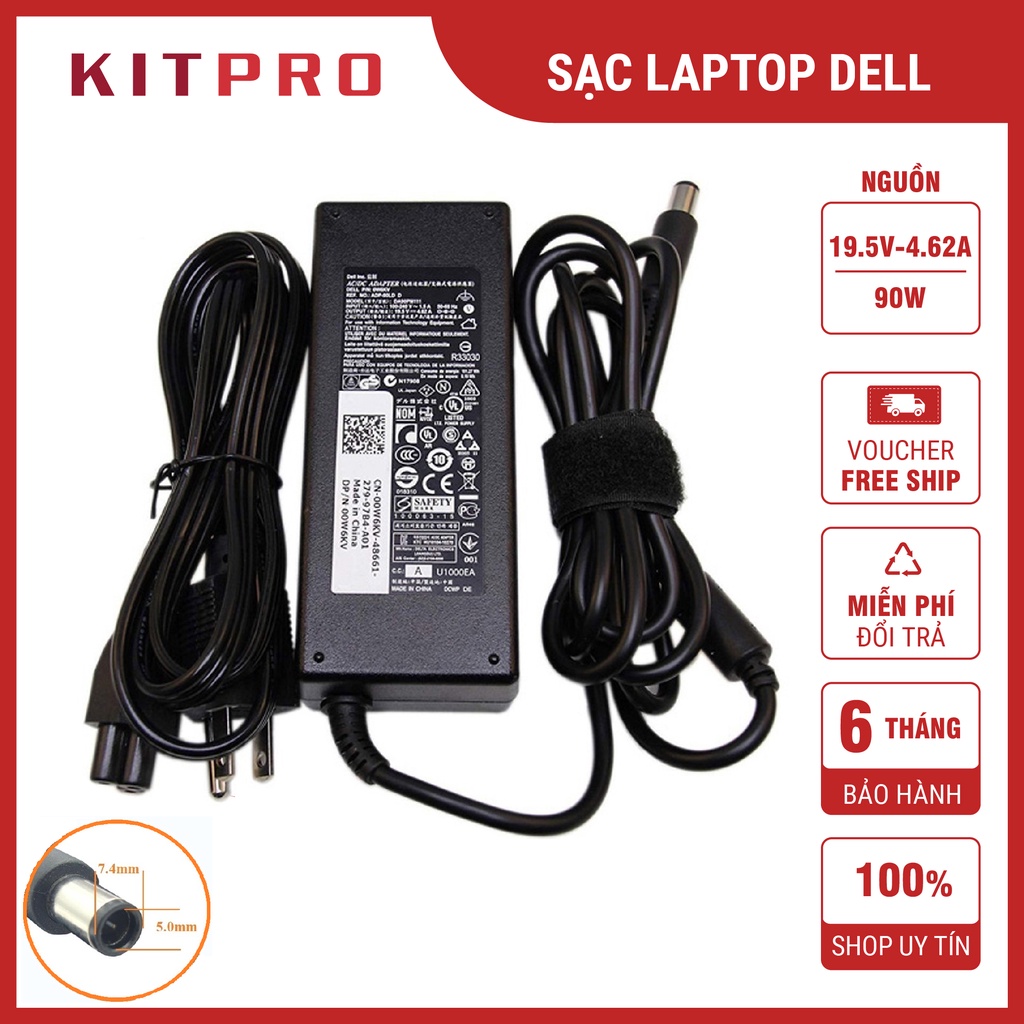 Sạc Laptop Dell 19.5V 3.34A 4.62A Chân To Đầu Kim Lớn 7.4mm Dây Sạc Máy Tính Dell 65W 90W Inspiron Latitude Ship Hỏa Tốc