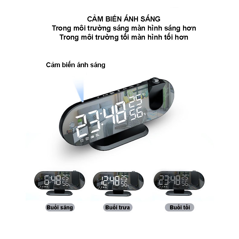 Đồng hồ báo thức kỹ thuật số phản chiếu đèn led trên tường chức năng báo nhiệt độ độ ẩm, báo thức, sạc pin, radio FM