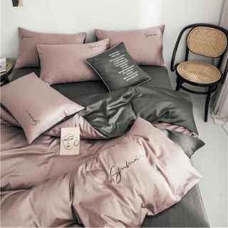 Set Chăn Ga Gối Lụa Tencel Trơn Phối Màu Hồng Ghi