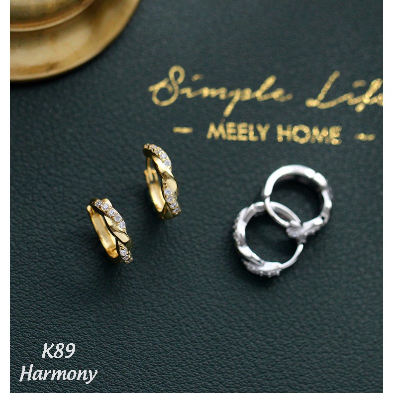 Khuyên tai tròn nữ bạc xoắn đá 2 màu cá tính, xinh xắn, phong cách Hàn Quốc | HARMONY ACCESSORIES K89