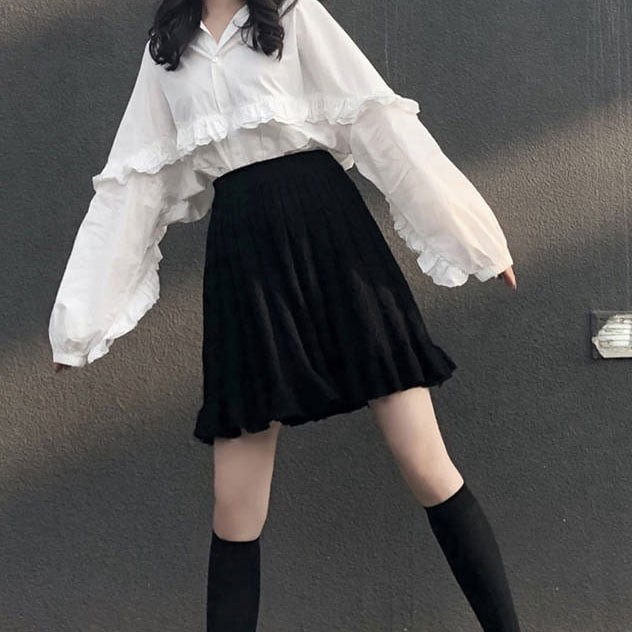 Áo sơ mi dài tay nữ phối bèo cánh dơi trắng freesize vintage ulzzang đi học đi làm