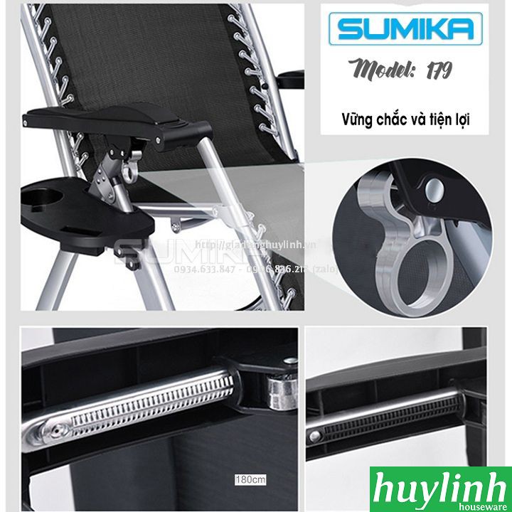 Freeship Ghế xếp gấp thư giãn Sumika 179 - Lưới đen - Khung Đen - Tải trọng 300kg - Tặng khay xếp ly