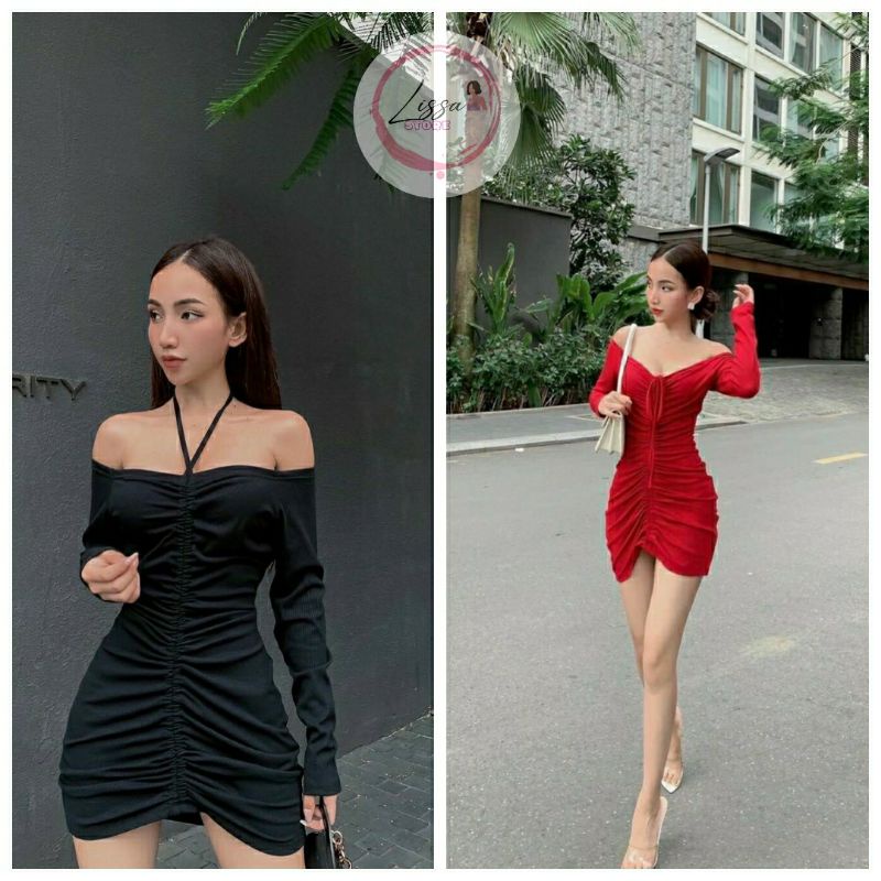 Đầm body đầm ôm tay dài rút dây trễ vai sang chảnh quyến rũ Đ24  Lissa