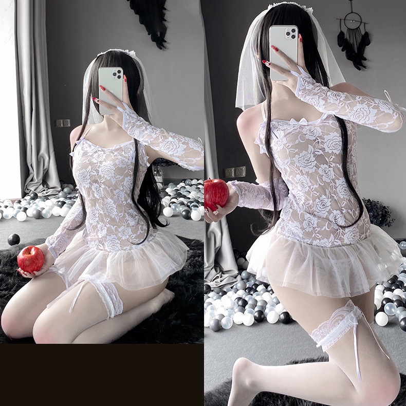 Đồ ngủ sexy đồ ngủ nữ cosplay cô dâu 2 sexy ren lưới hoa văn màu trắng freesize QUENQUEN store a2 | BigBuy360 - bigbuy360.vn