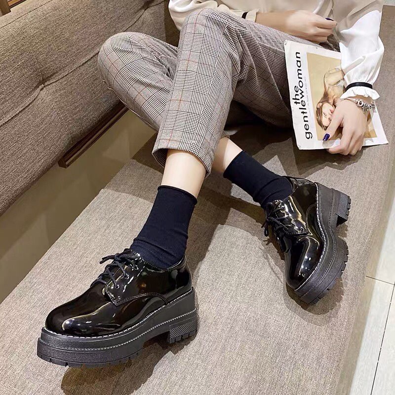 Giày Oxford da bóng độn đế chỉ trắng