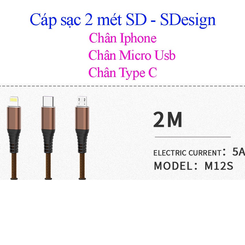 [Bán Chạy] Cáp sạc nhanh 2 mét dây dù chính hãng M12s SD Design, dây sạt dài 2m,xạc chống đứt, bảo hành 1 năm