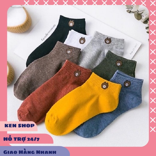 Set 10 Đôi Tất Gấu Cổ Ngắn vải cotton thấm hút mồ hôi tặng kèm túi đựng - Tất Ngắn Đủ Các Màu.