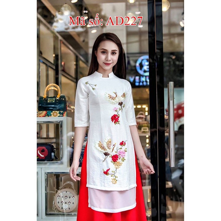 AD227 có 2XL Set Áo Dài Cách Tân trắng 2 tà cổ trụ kèm váy đỏ Có size lớn