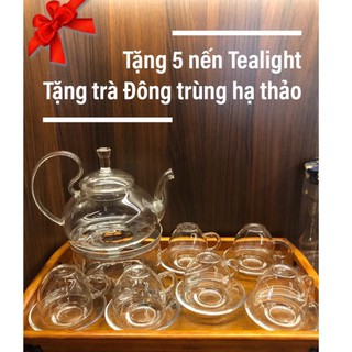 Bộ ấm trà hoa thuỷ tinh quai vồng 600ml + 6 tách có dĩa lót + đế đun bằng nến