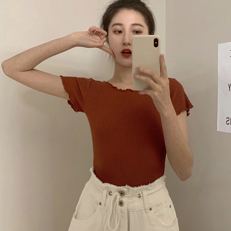 Áo Croptop Dệt Kim Tay Ngắn Phối Bèo Thiết Kế Hợp Thời Trang