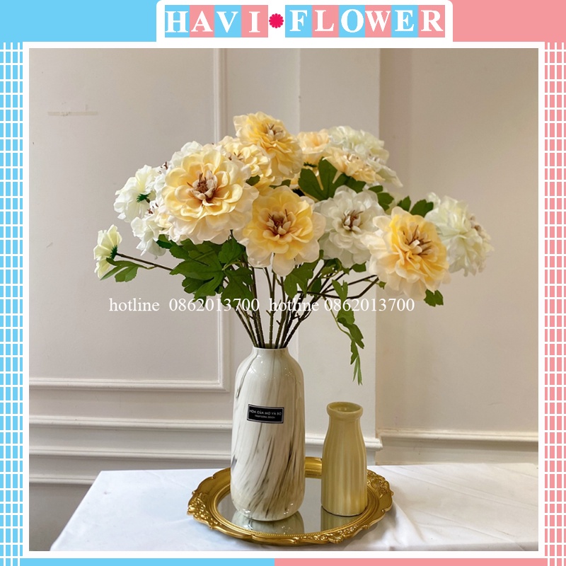 Hoa Giả- Hoa Cúc Thược Dược Cao Cấp Cành 3 Bông 65cm Trang Trí Nhà Cửa Siêu Xinh