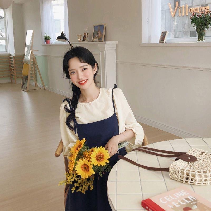 Set áo sơ mi đũi + váy yếm dài siêu xinh