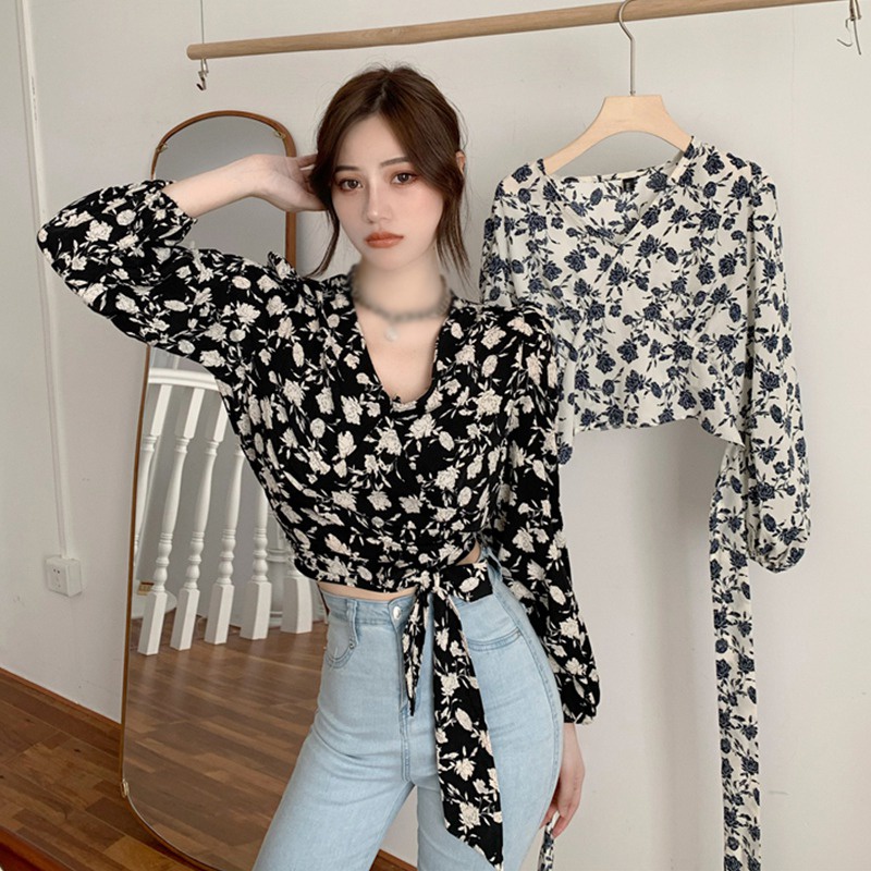Áo Crop Top Nữ Tay Dài Cổ Chữ V Quyến Rũ