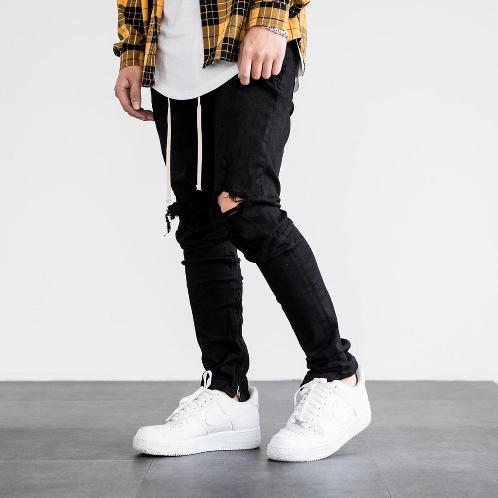 Quần Jean Đen Nam Zipper Streetwear Cao Cấp LAZY BOUTIQUE Màu Đen Trơn - Form Slimfit - Có Zip Jean Thun Co Giãn.