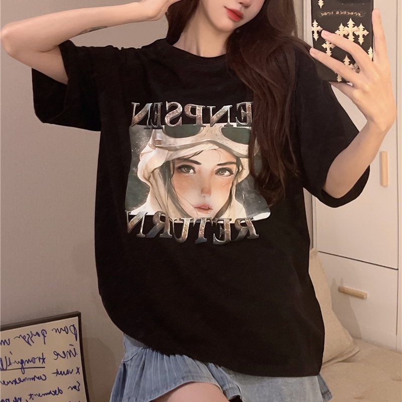 Áo thun SUXI tay ngắn cổ tròn dáng rộng in họa tiết đơn giản thời trang mùa hè cho nữ