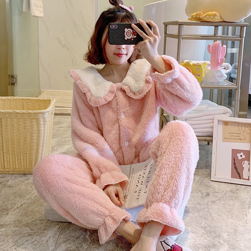 Bộ Đồ Ngủ Vải Lông Cừu San Hô Dày Dặn Dễ Thương Phong Cách Hàn Quốc Thời Trang Thu Đông Cho Bé