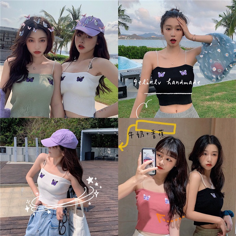 DUNEA Áo Dệt Kim Hai Dây In Hình Bướm Thời Trang Cho Nữ