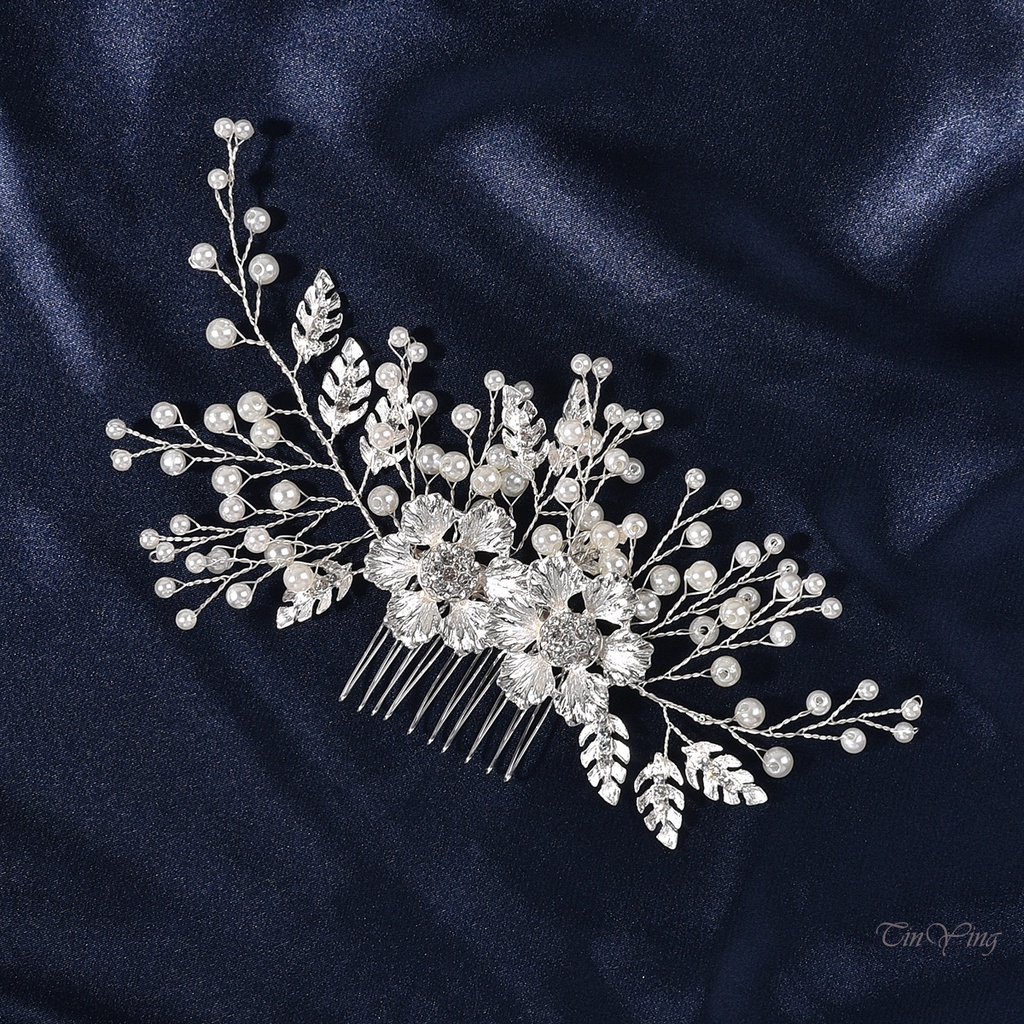 GETNOIVAS Trâm Cài Tóc Hình Hoa Đính Ngọc Trai Nhân Tạo Màu Bạc Dành Cho Cô Dâu