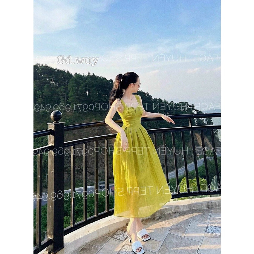 [9.9 Sales Freeship] Đầm maxi xanh lá hai dây dáng dài, đầm xanh nhún ngực ôm eo dáng xòe đi biển xinh xắn