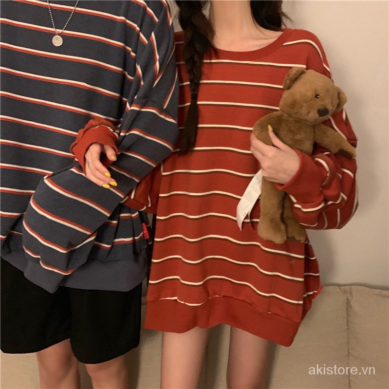 BIG SIZE 2XL 110kg - Áo Thun Nữ Tay Dài Dáng Rộng Kẻ Sọc Ngang thời trang thu đông 2021 | BigBuy360 - bigbuy360.vn