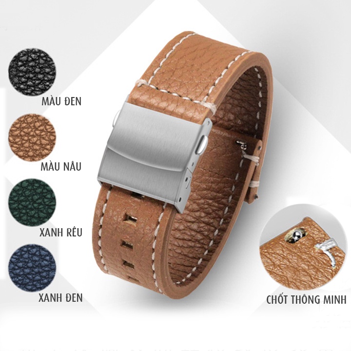 Dây đồng hồ da bò khóa gập 1 bên giấu dây kiểu mới dùng chốt thông minh phù hợp đa số đồng hồ nam và smart watch - D2110