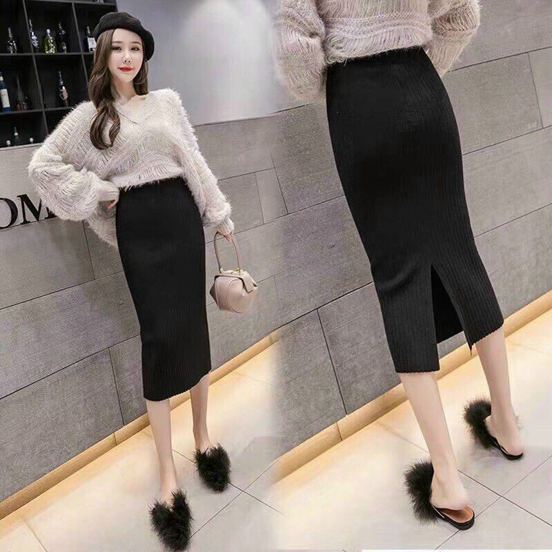 Chân váy len đũa xẻ hàng dày dặn dài 70cm hàng QC loại 1