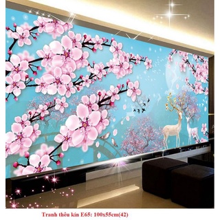 Tranh thêu kín chữ thập Hoa Đào và Nai E65(100x55cm)