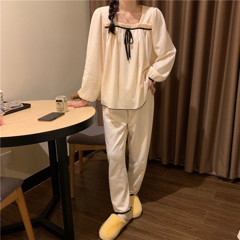 Bộ Đồ Ngủ Tay Dài Phồng Cổ Vuông Dáng Rộng Màu Trắng Dễ Thương Phong Cách Hàn Quốc Cho Nữ | BigBuy360 - bigbuy360.vn