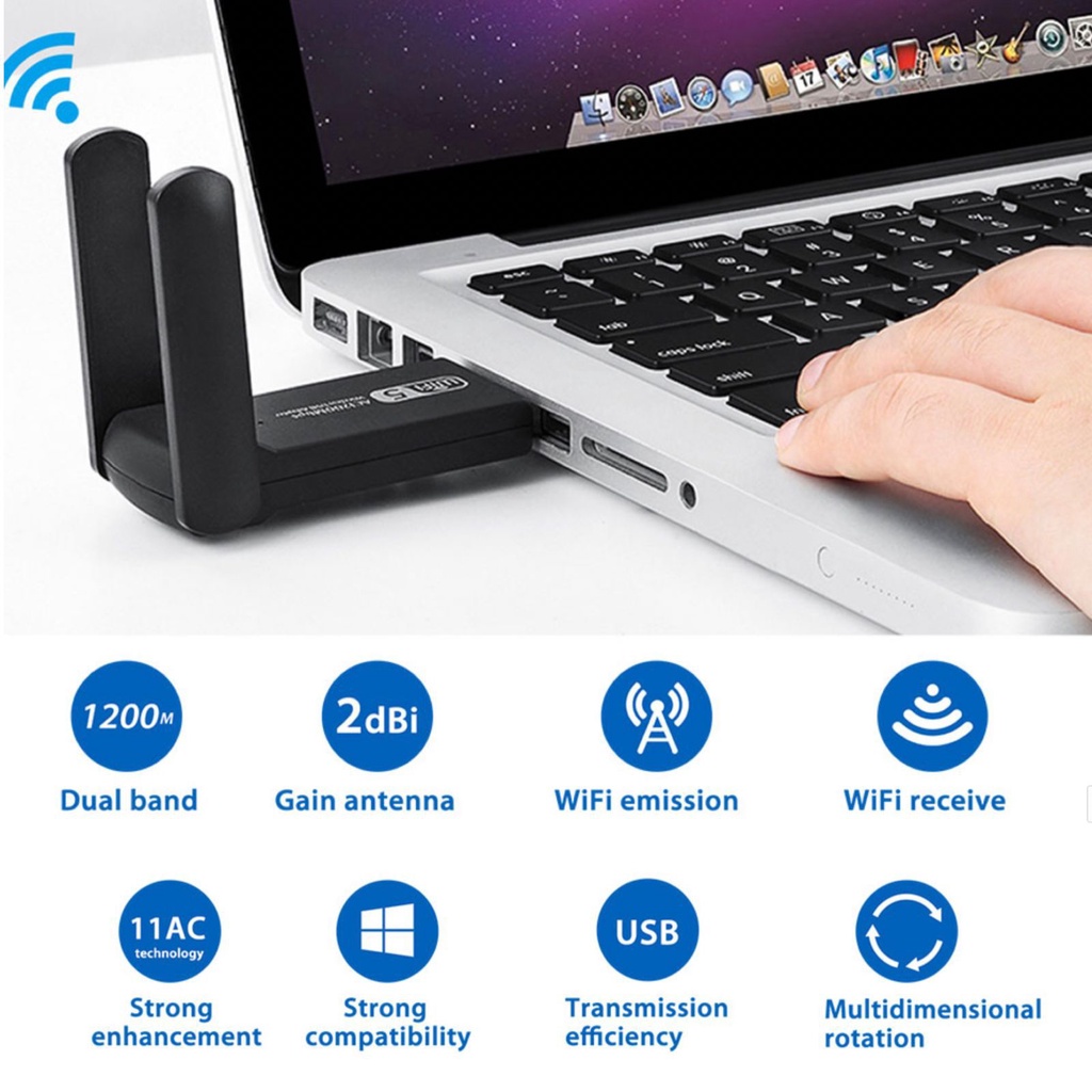 USB Thu Phát WiFi 1200mbps Ăng Ten Thu Sóng Wifi 2 râu nâng cấp WiFi lên 5G cho pc laptop hút wifi mạnh, kích wifi thu tốt hơn