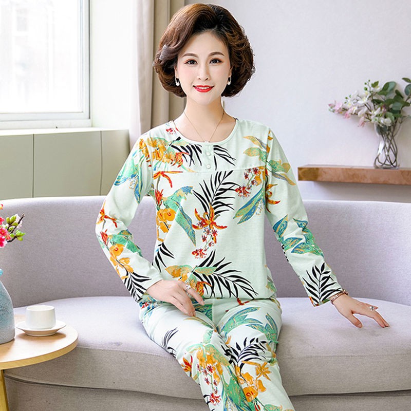 Đồ ngủ & Đồ mặc nhà☊┇▧Bộ đồ ngủ mùa xuân và thu bà mẹ trung niên cotton dài tay cho chồng già mặc ở nhà XL đô