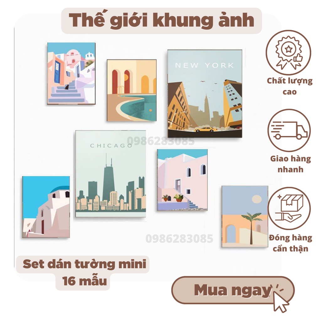 Set 7 tranh dán tường mini TGKA, dày 5mm tranh decor, sticker có sẵn băng keo 2 mặt