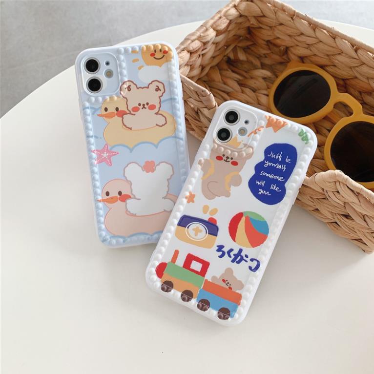 Ốp lưng iphone - Ốp iphone viền chấm bi gấu và vịt  7plus/ 8plus / x / xs / xs max / 11 /11 promax Dino Case