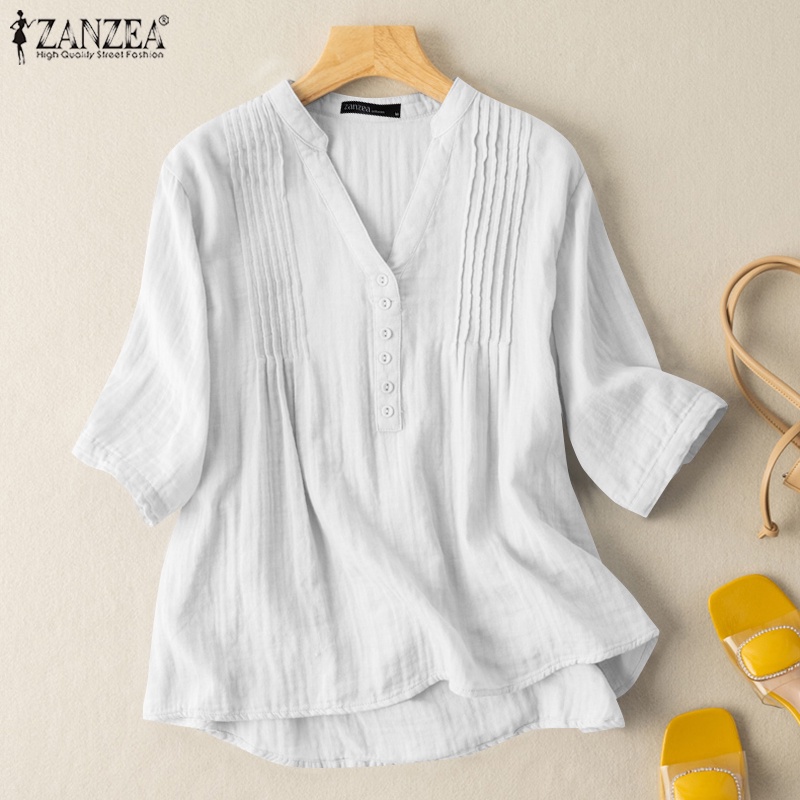 Áo kiểu Zanzea cổ chữ v cài nút tay lửng thời trang cho nữ