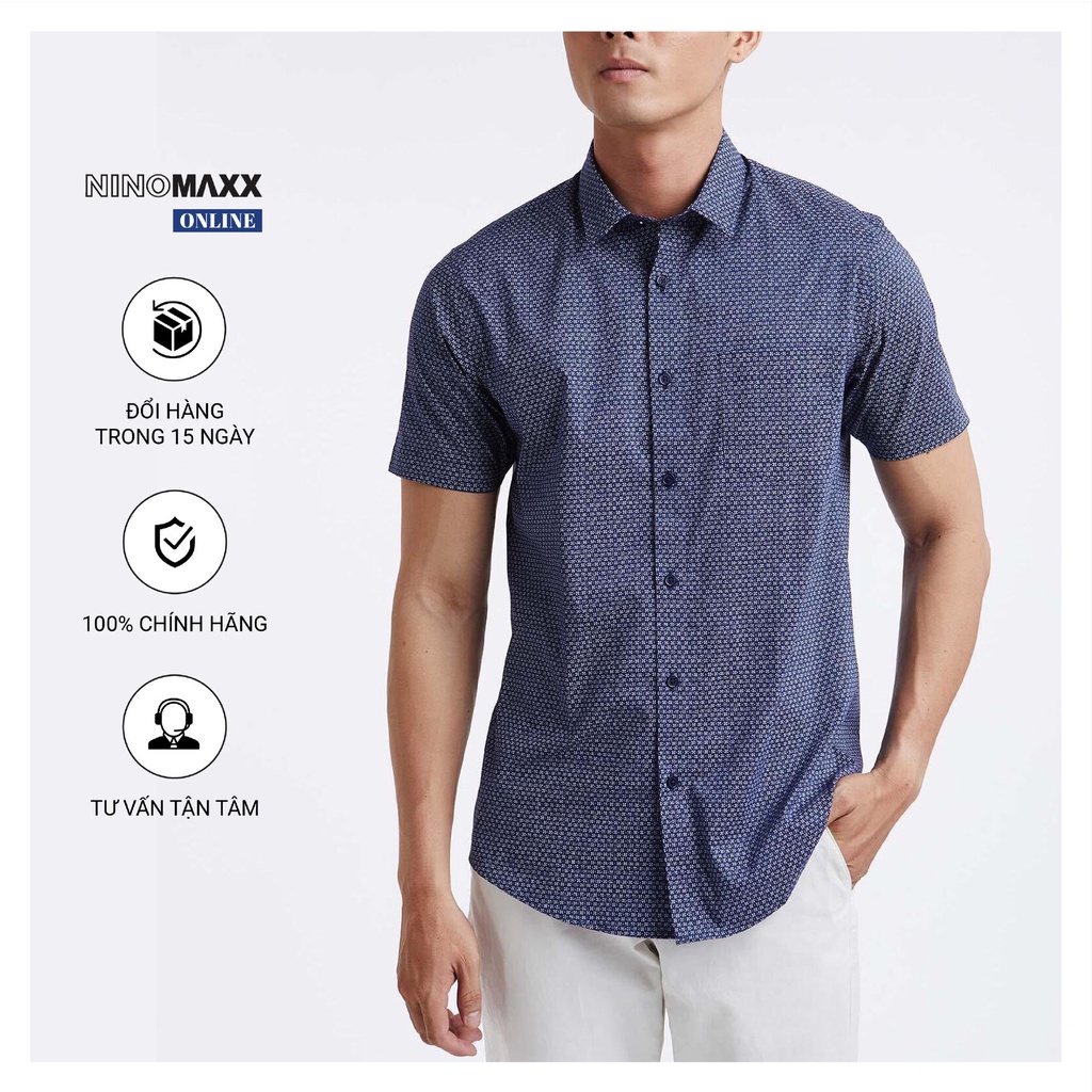 Áo Sơ Mi Nam ngắn tay Ninomaxx cổ bẻ màu xanh than có họa tiết sọc 100% cotton mã 1910133