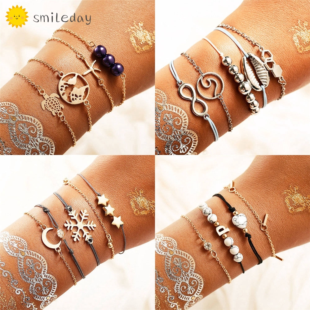 Set vòng tay kết hạt đá/vỏ sò hình mặt trăng/ngôi sao vintage thời trang dành cho nữ