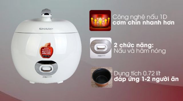 Nồi cơm điện Sharp quả táo 0.72 lít KS-A08V-WH Trắng bảo hành chính hãng | BigBuy360 - bigbuy360.vn