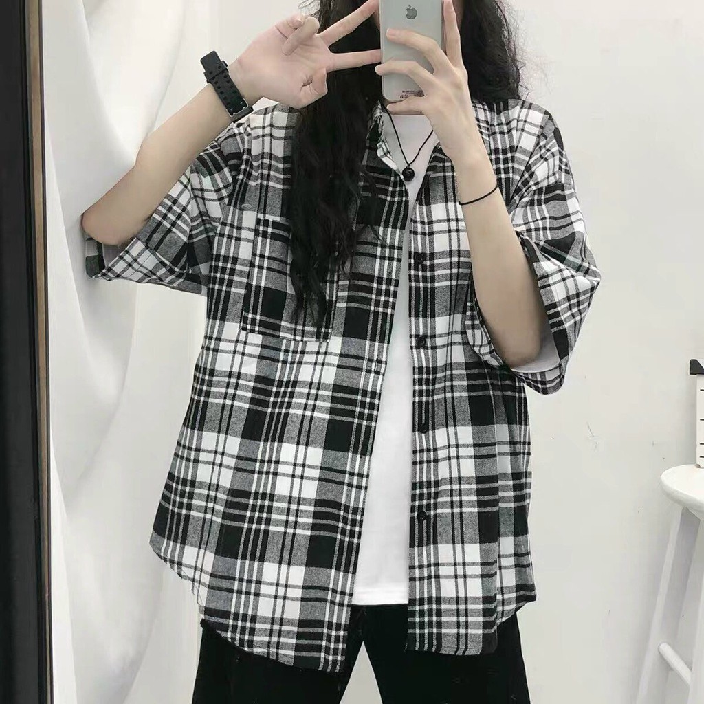 Áo sơ mi unisex form rộng dáng suông kẻ cộc tay (đen, trắng, ô đen, ô be) guzfashion