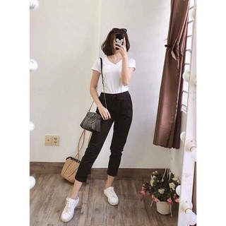 Quần baggy lưng thun trơn 2 màu trắng đen năng động
