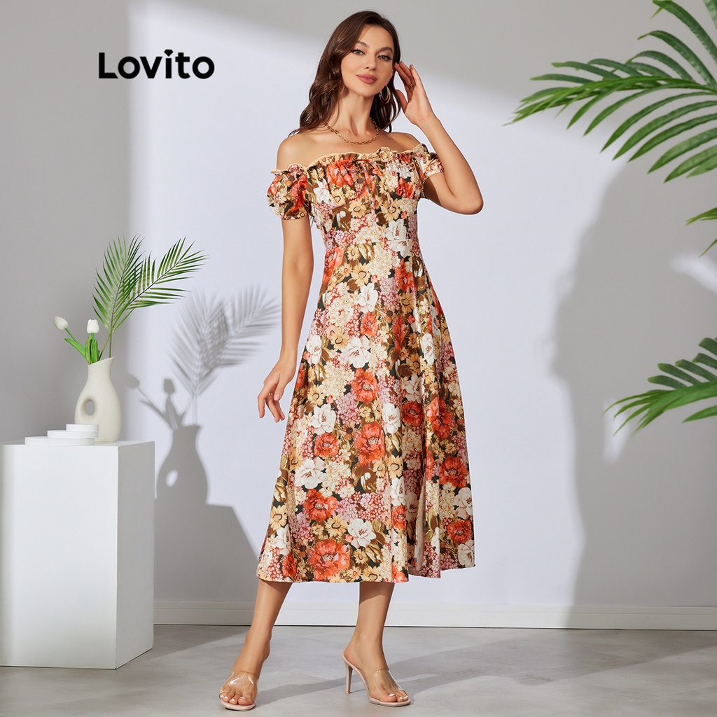 [Hàng có sẵn] Đầm Hoa Xẻ Tà Phía Trước Kiểu Dáng Thanh Lịch L29LD045 (Nâu)