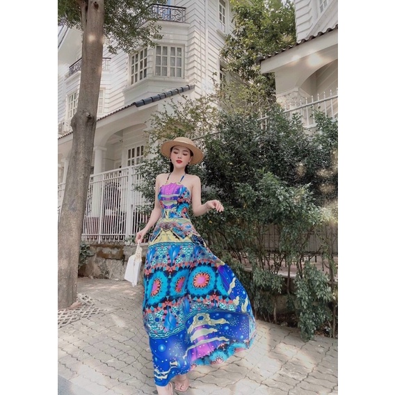 Đầm maxi đan lưng hoạ tiết thổ cẩm xanh - MIXIZ HOUSE