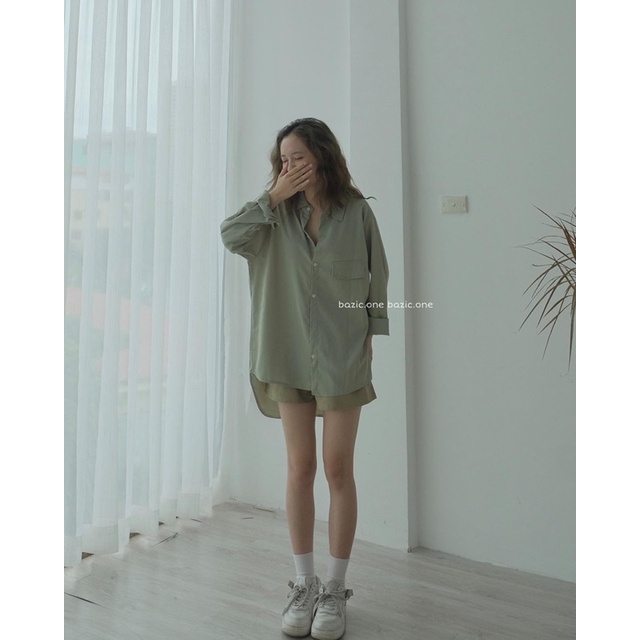 Áo sơ mi dài tay oversize vạt đuôi cá, sơ mi dài tay cúc sau lưng Bazic one