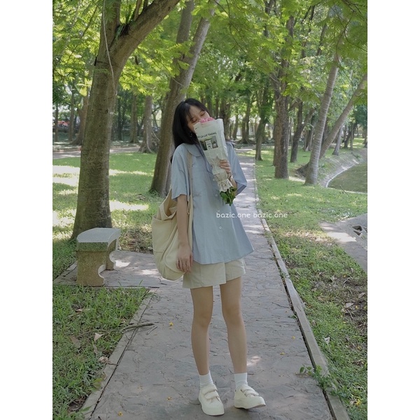 Áo sơ mi thô cộc tay cổ sen dáng rộng Bazic one