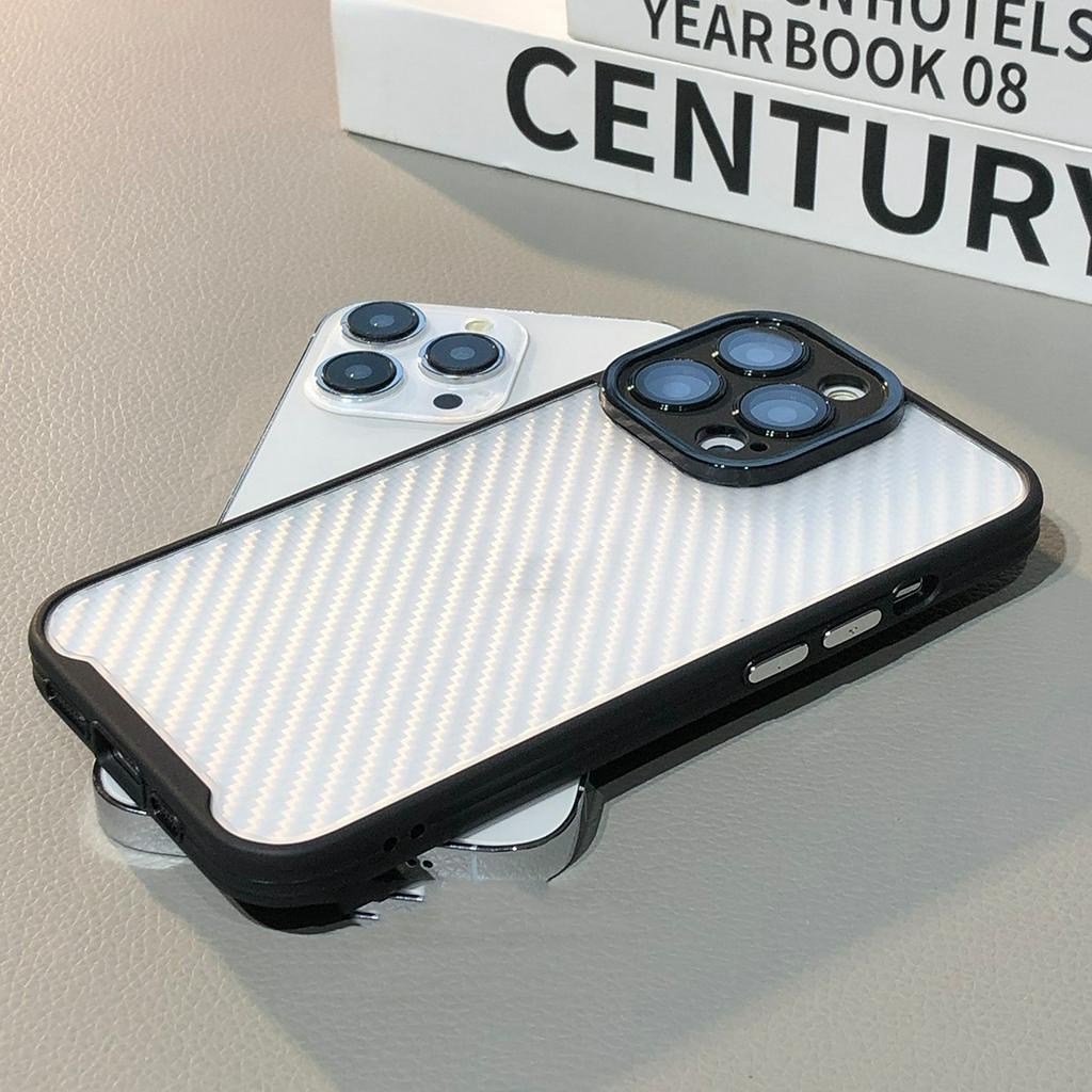 Ốp Điện Thoại Cứng Họa Tiết Sợi Carbon Màu Đen Kèm Miếng Dán Ống Kính Máy Ảnh Cho compatible for iPhone 11 12 13 14 pro max