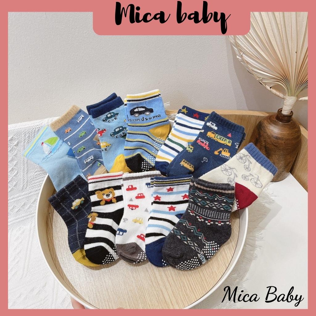 Set tất 12 đôi chống trơn trượt nhiều màu hình gấu, ô tô đáng yêu cho bé Mica baby T17
