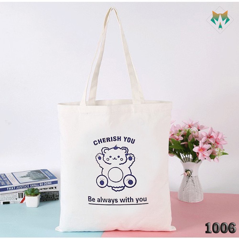 TÚI TOTE TRẮNG CHẤT VẢI CANVAS 1006 460 GẤU CHERISH YOU HÀNG CHUẨN ĐẸP