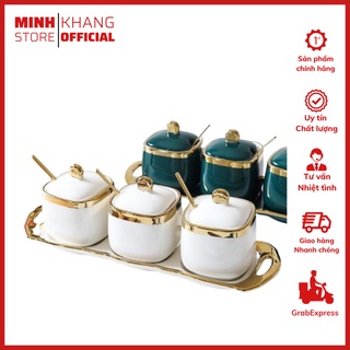 Bộ hũ đựng gia vị bằng sứ cao cấp xanh cổ vịt, trắng set bộ 3 có kèm khay và thìa
