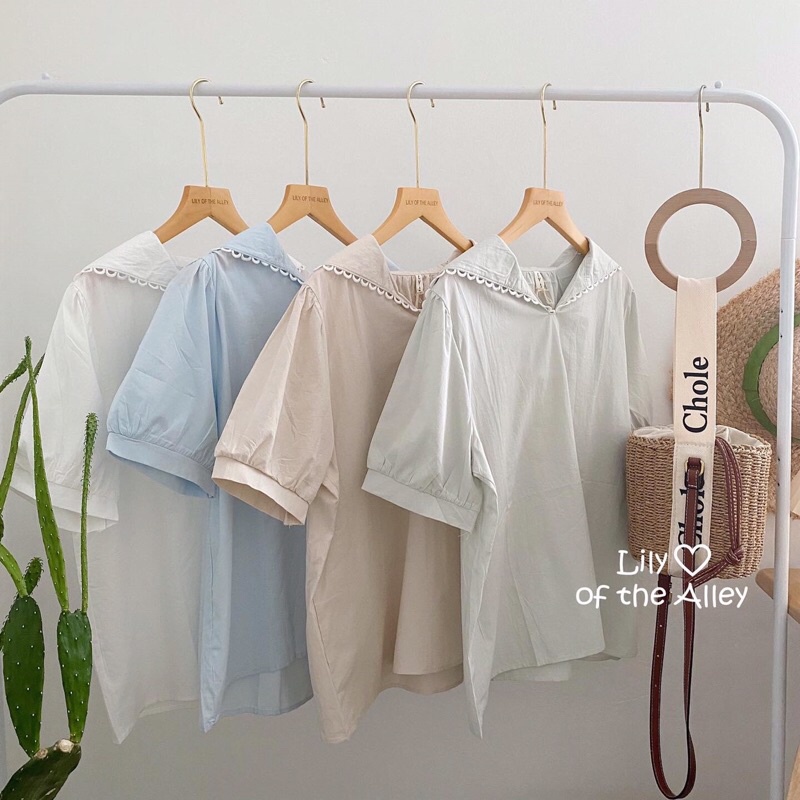 Áo sơ mi cộc tay cổ thuỷ thủ viền ren Phong cách Ulzzang Hàn Quốc