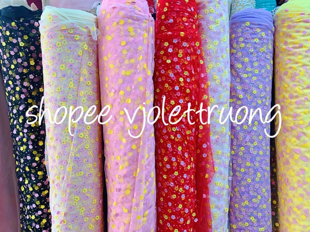 Vải voan lưới hoa xanh hồng may cột tóc scrunchies