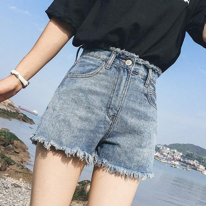 Quần Đùi Denim Lưng Cao Rách Cá Tính Phong Cách Hàn Quốc